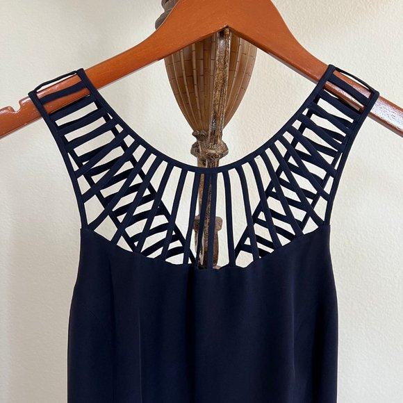 Parker Size XS Navy Blue Sleeveless Cage V-Neck Silk Fit & Flare Mini Dress - Picture 4 of 10